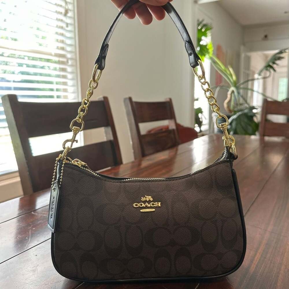 Inspired Coach Teri Shoulder Bag Brown Black Signature  Canvas Brown Black